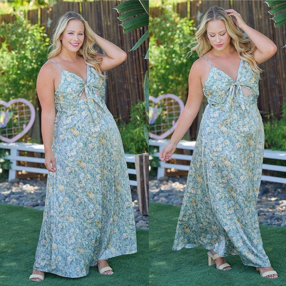 Satin Floral Maxi Front Tie Dress